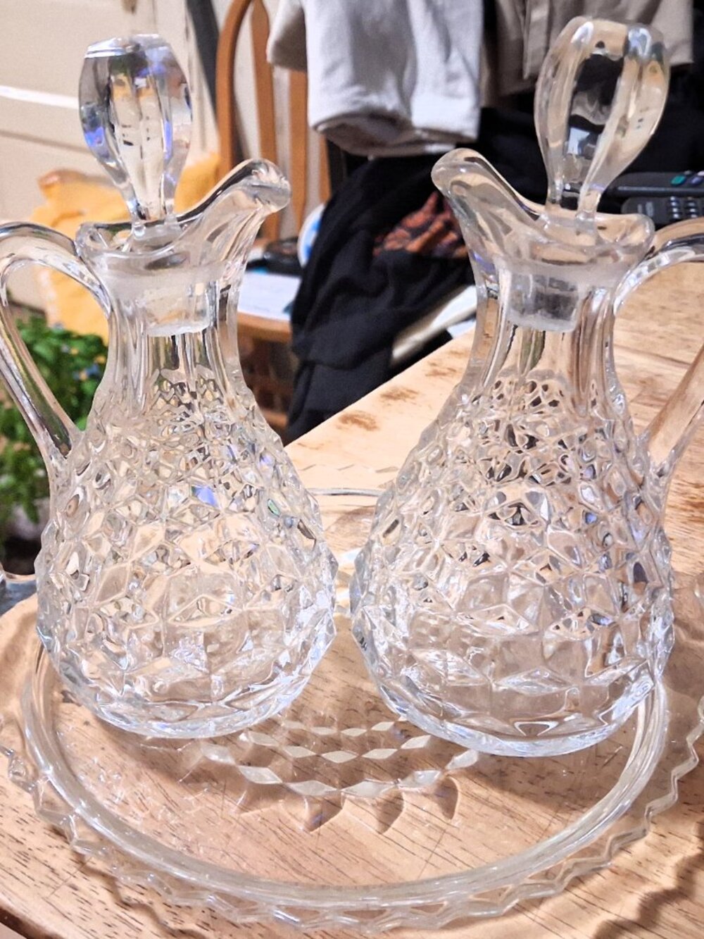 Crystal Decanters W/ Stoppers - Handled - Set Of 2 - Matching Crystal Tray